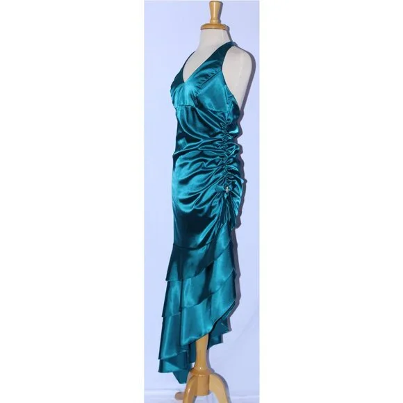 Poly USA #2718 Asymmetrical Satin Dress With Side Ruching-Size L-TEAL-NWT - Picture 3 of 4